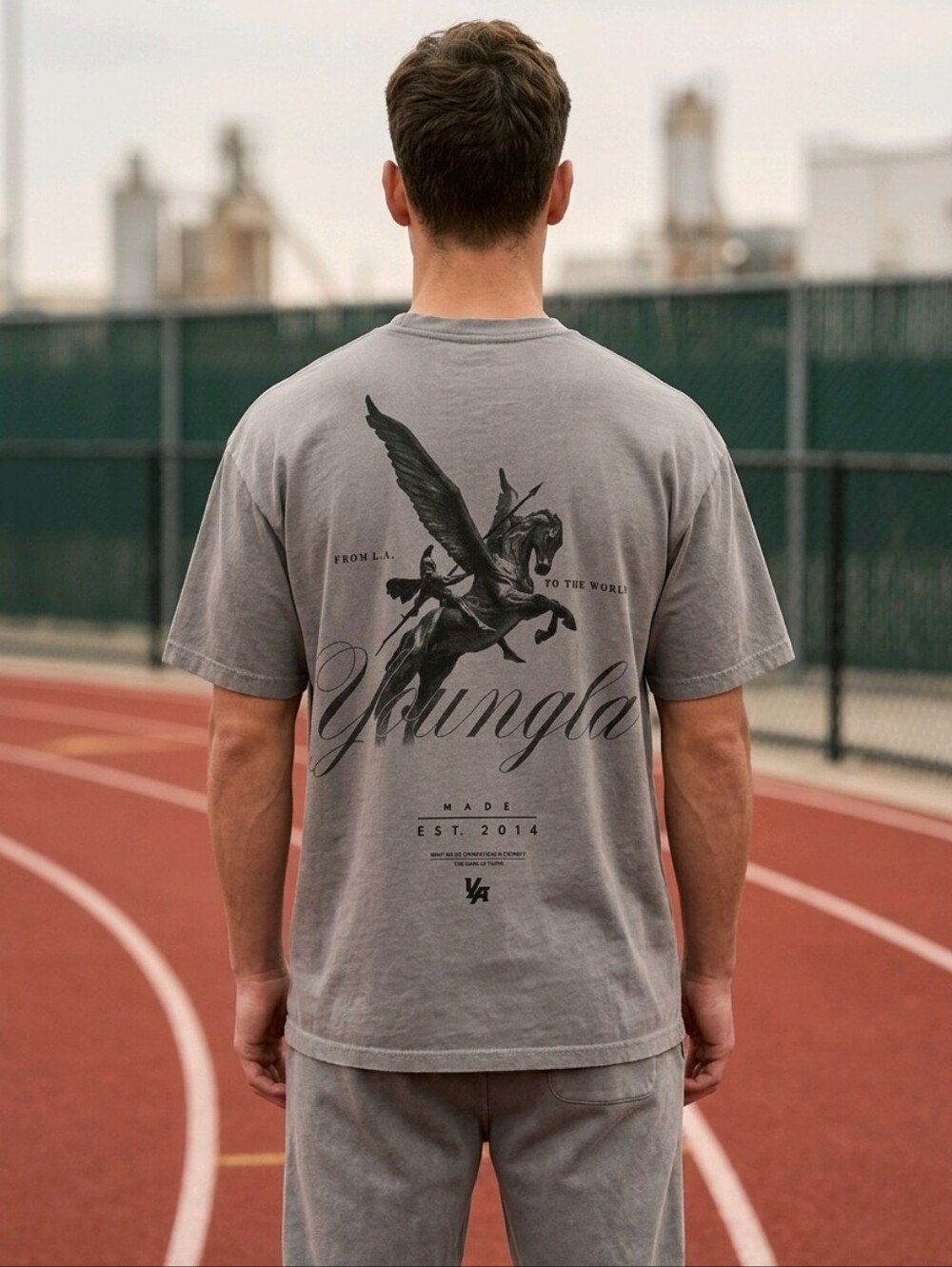 YoungLA  Grey wash Graphic Short-Sleeve Tee with Pegasus